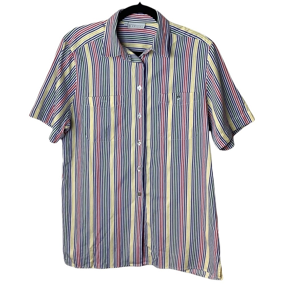 Men's Vintage Candy Striped Colorful Short Sleeve Button Up Shirt Sz Large